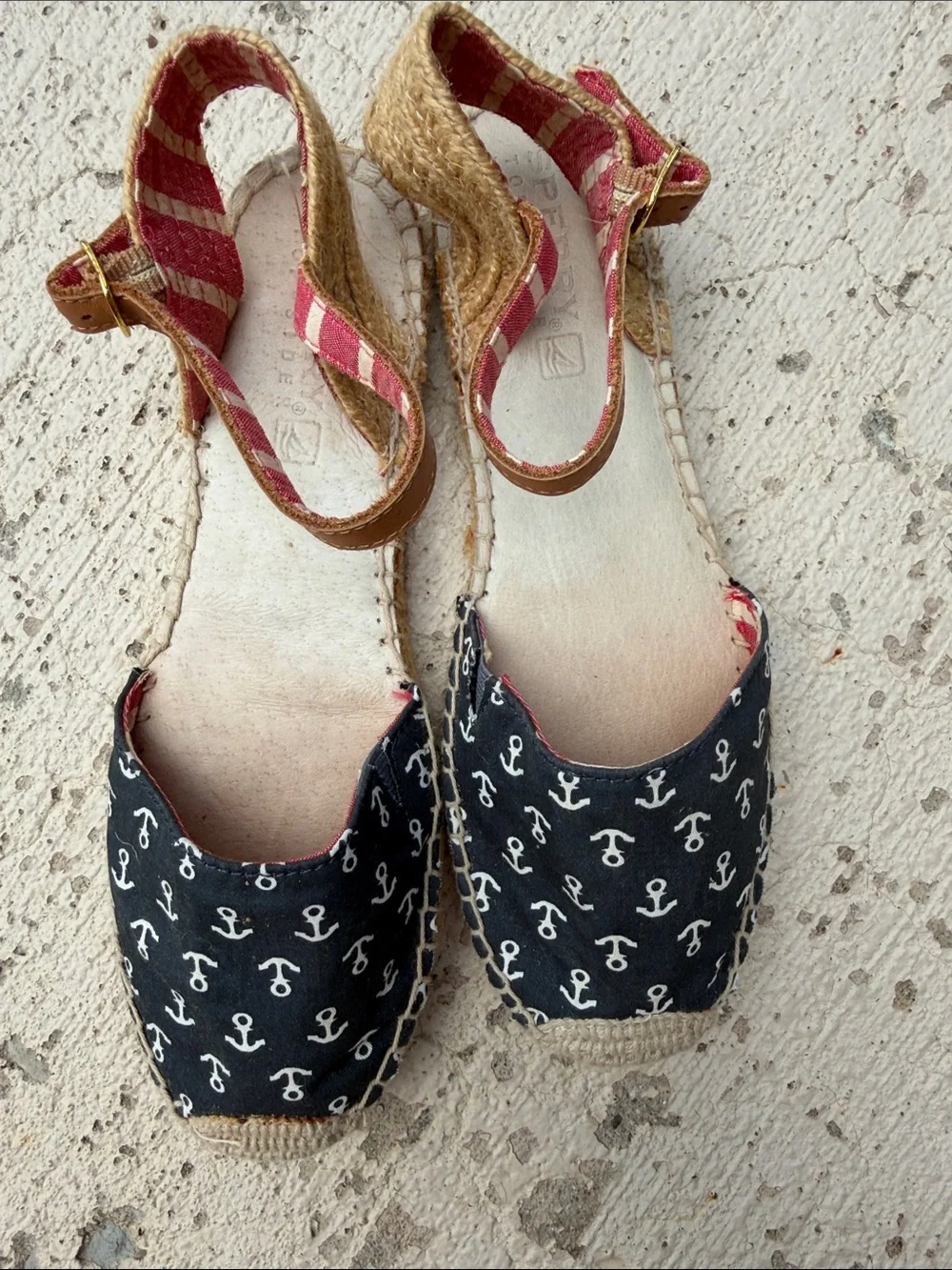 Sperry Black Anchor Print Espadrille Wedges with Red Stripe Ankle Strap - Picture 3 of 12